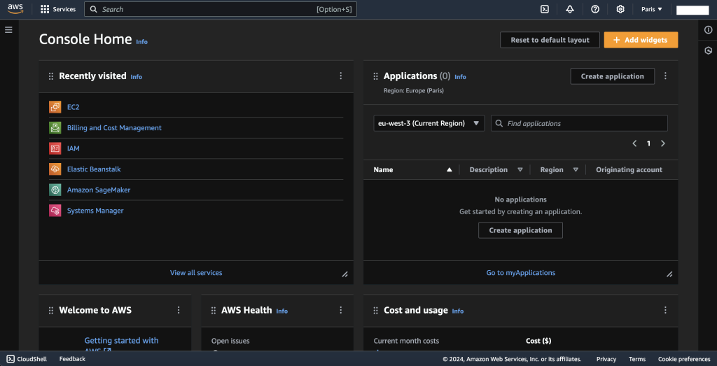 The AWS Management Console displaying different information such as &ldquo;Recently visited&rdquo; services.