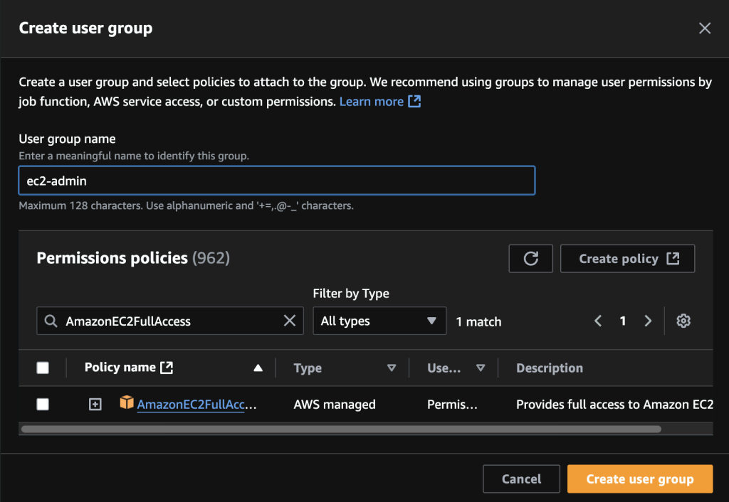 The UI for creating a user group.