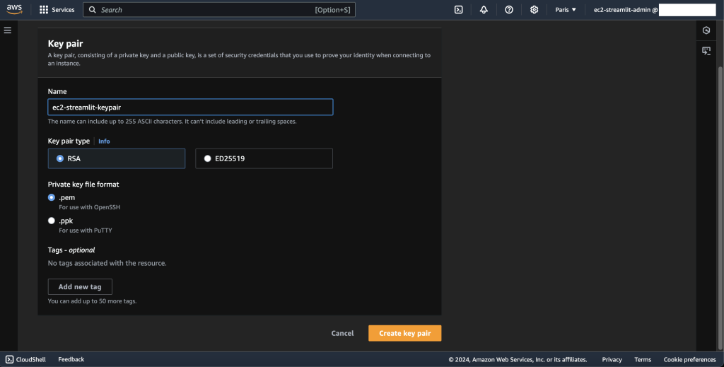 AWS key pair creation UI.