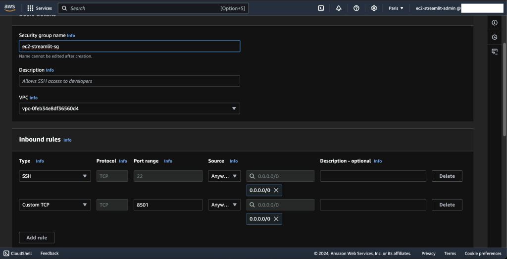 AWS Security Groups creation UI.