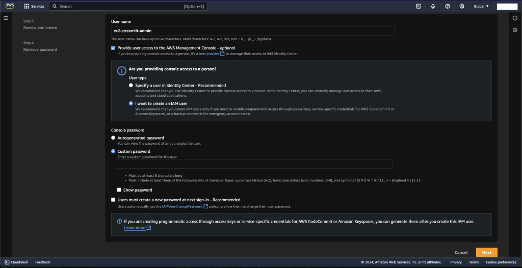 Show the user creation UI on AWS.